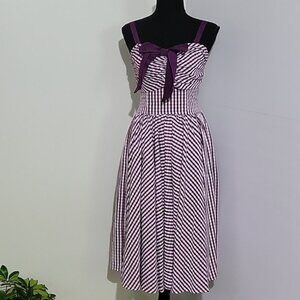 Unique Vintage Purple White Gingham Plaid Swing Dress Bow Size S/4